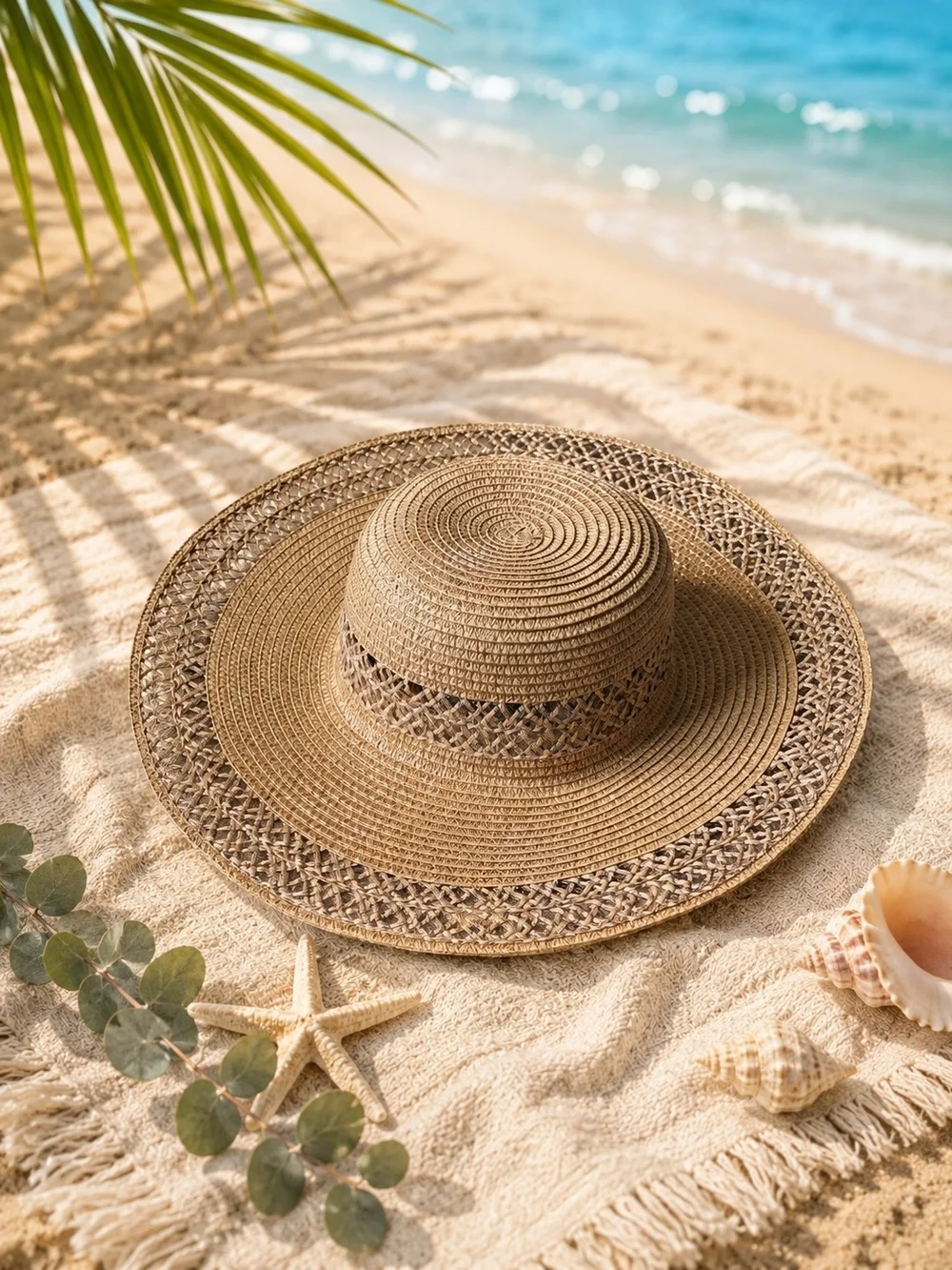 2- Set Straw Beach Tote Bag & Hat with Leather Handles - Natural Brown